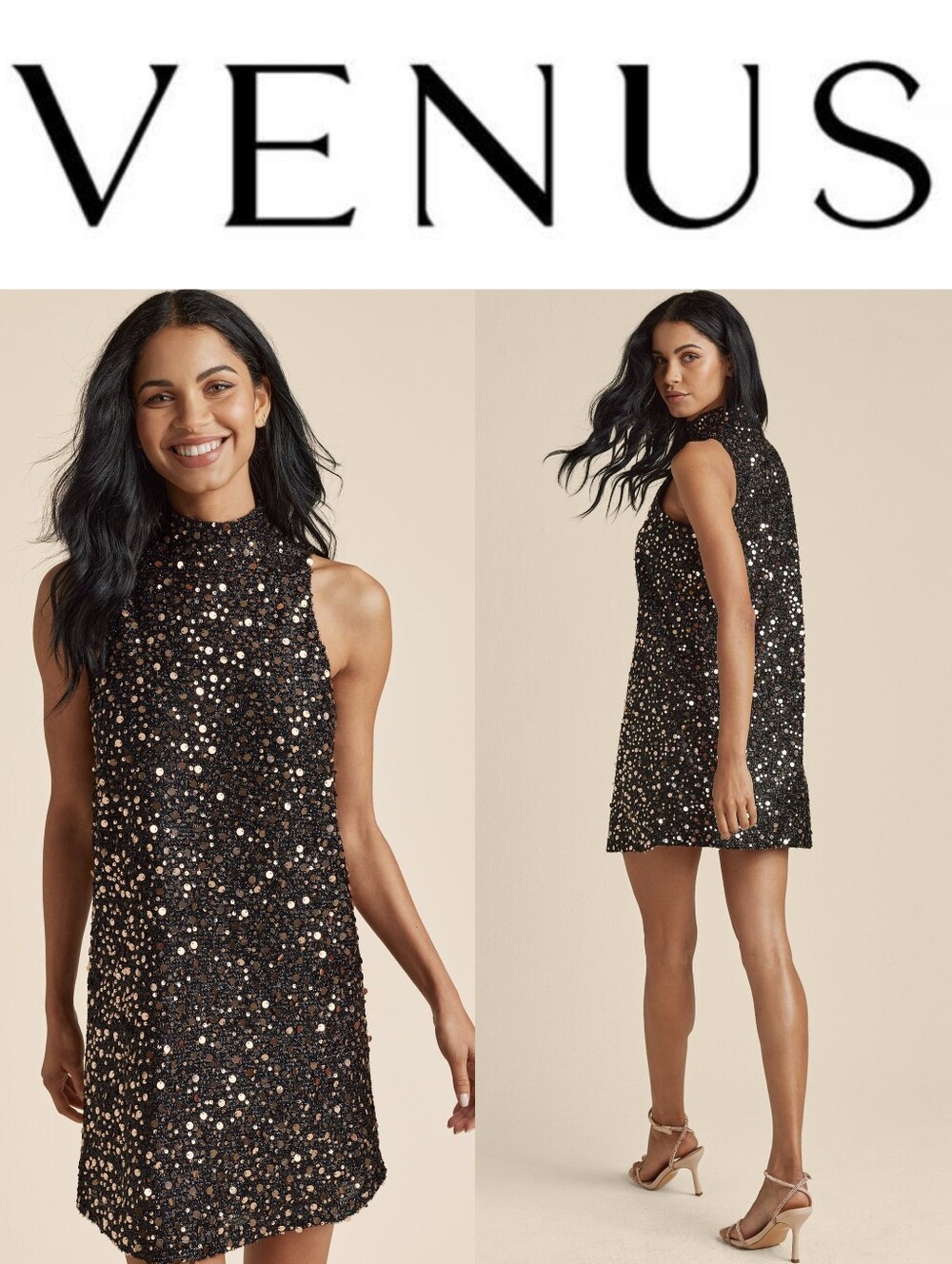 NWT VENUS Mockneck Sequin Mini Dress - Black & Gold Size 4